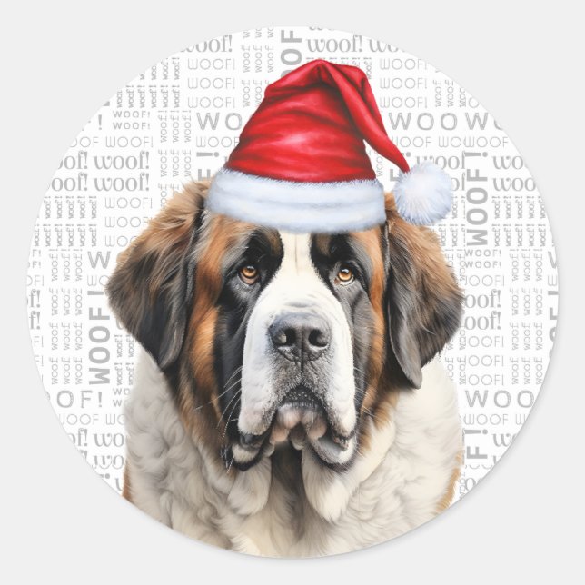Sticker Rond Holiday Saint Bernard Dog and Woof Art Christmas (Devant)