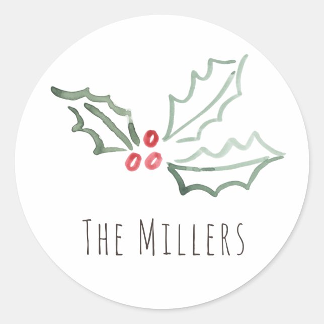 Sticker Rond Holly aquarelle Noël personnalisé Vacances (Devant)