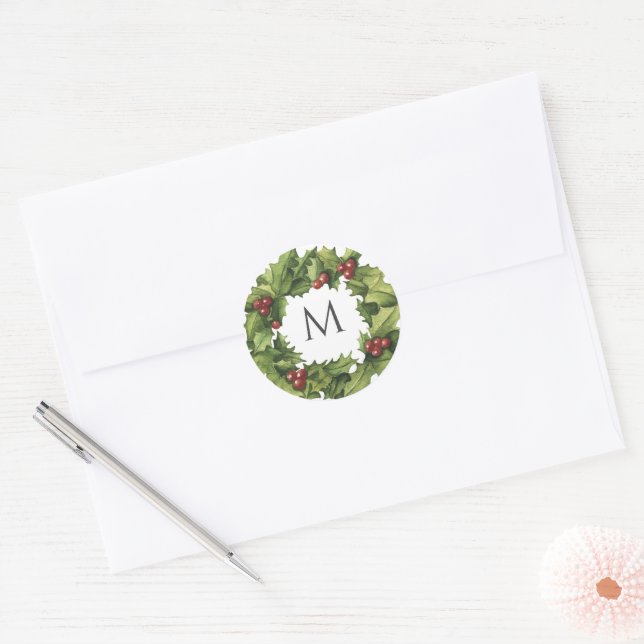 Sticker Rond Holly Berries Wreath Monogramme Mariage hivernal (Enveloppe)