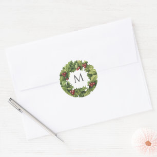 Sticker Rond Holly Berries Wreath Monogramme Mariage hivernal