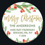 Sticker Rond Holly Berry Aquarelle Christmas Adresse de retour<br><div class="desc">Holly Berry Watercolor Christmas Retourner Adresse Sticker Classic Round. Surprenez et apportez de la joie à vos proches et rendez la fête inoubliable avec cette collection : https://www.zazzle.com/collections/christmas_holly_berry-119710168027617178?rf=238259176291992805 Pour plus de personnalisation,  cliquez sur le lien "customiser plus" et utilisez notre outil de design pour modifier ce modèle.</div>