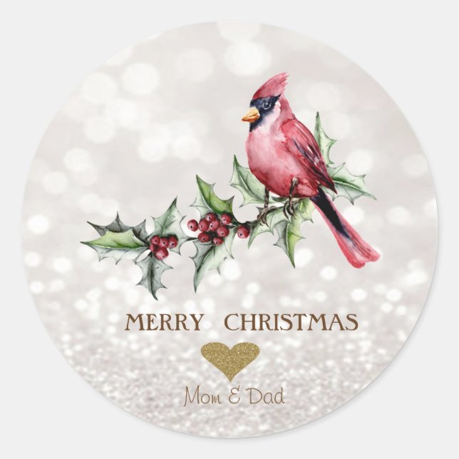 Sticker Rond Holly Berry Bokeh Cardinal Rouge (Devant)