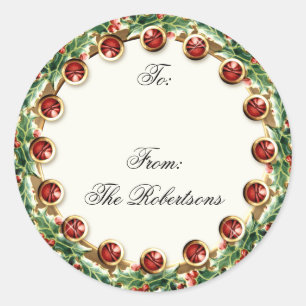 Sticker Rond Holly Berry Wreath w Jewel Christmas Gift Tags