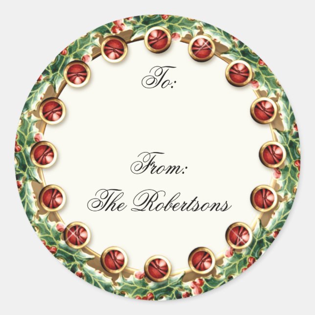 Sticker Rond Holly Berry Wreath w Jewel Christmas Gift Tags (Devant)