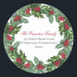Sticker Rond Holly et Berries Christmas Holiday Adresse de reto<br><div class="desc">Elégante sainte et des baies de couronnes conception de couronnes scellés d'enveloppe d'adresse de retour.</div>