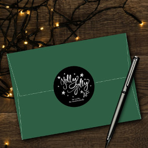 Sticker Rond Holly Jolly AF   Noir Typographie d'argent Noël