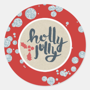 Sticker Rond HOLLY JOLLY Noël Argent Parties scintillant Kraft 