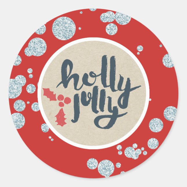 Sticker Rond HOLLY JOLLY Noël Argent Parties scintillant Kraft  (Devant)