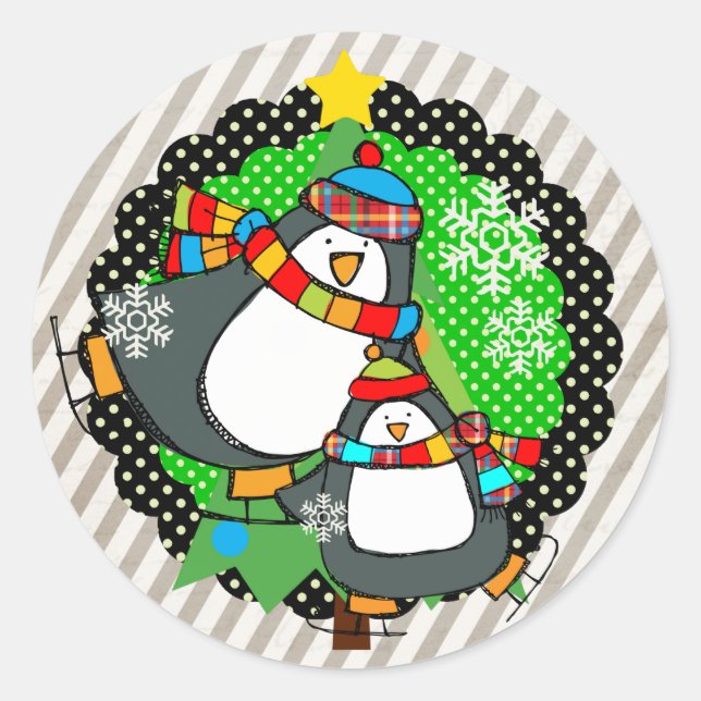 Sticker rond Holly Jolly Patinage Penguins (Devant)