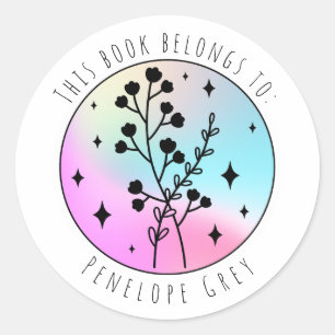 Sticker Rond Hologramme botanique floral Pastel Plaque de livre