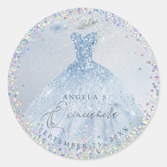 Sticker Rond Holographic Confetti Quinceanera Dusty Blue Gown (Devant)