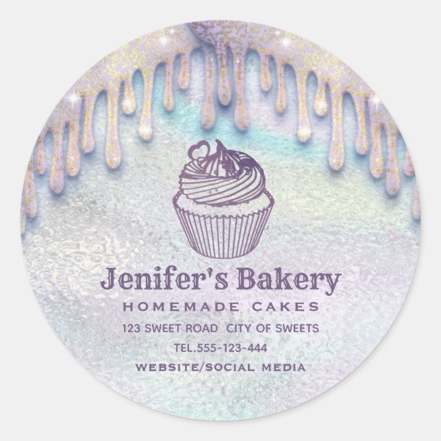 Sticker Rond Holographie moderne gouttes cupcake chef boulanger (Devant)