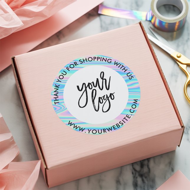 Sticker Rond Holographique arc-en-ciel personnalisé nom blanc m (Holograph rainbow custom logo name white thank you)