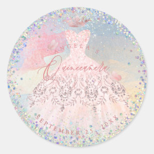 Sticker Rond Holographique Confetti Quinceanera Blush Gown
