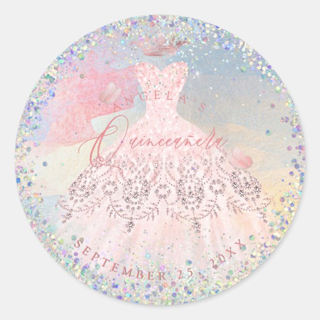 Sticker Rond Holographique Confetti Quinceanera Blush Gown (Devant)