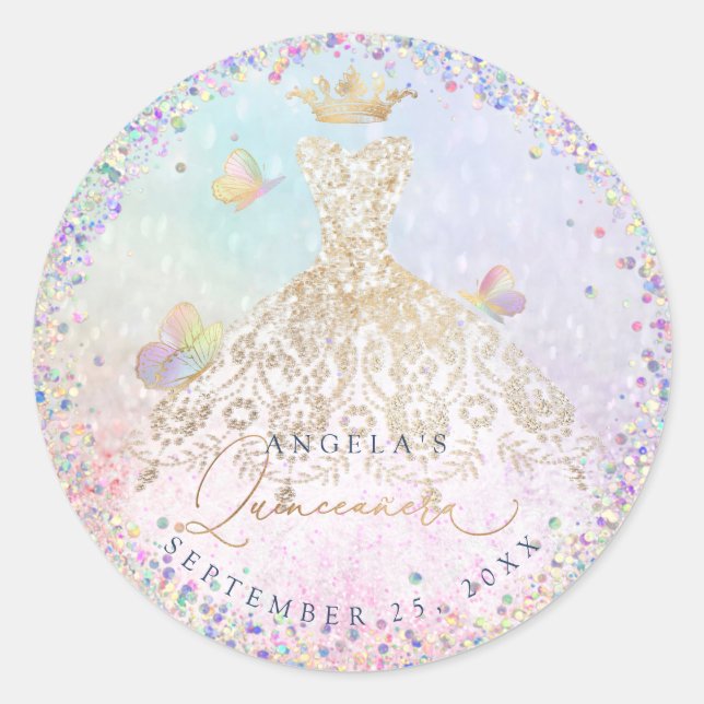 Sticker Rond Holographique Confetti Quinceanera White Gold Gown (Devant)
