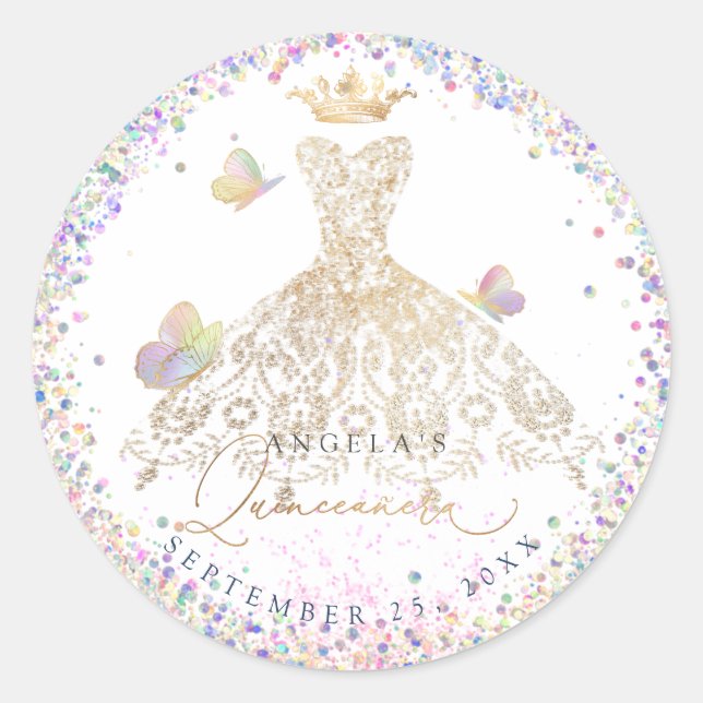 Sticker Rond Holographique Confetti Quinceanera White Gold Gown (Devant)