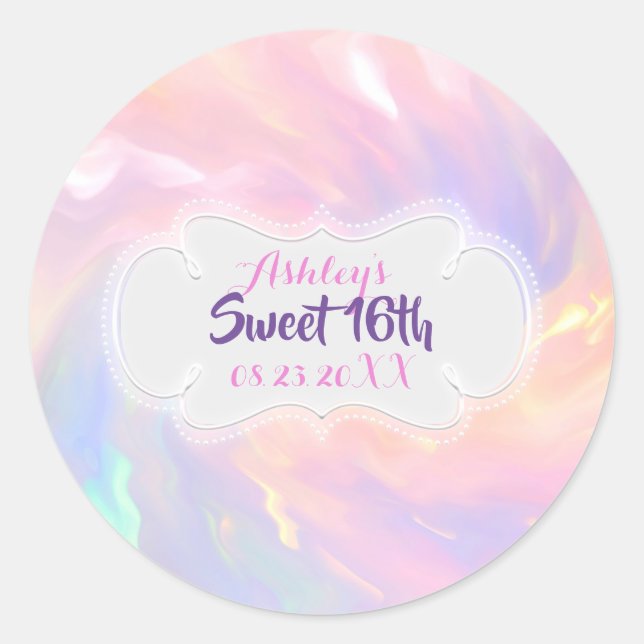 Sticker Rond Holographique Sweet 16 Nom Date Quinceañera Rose (Devant)