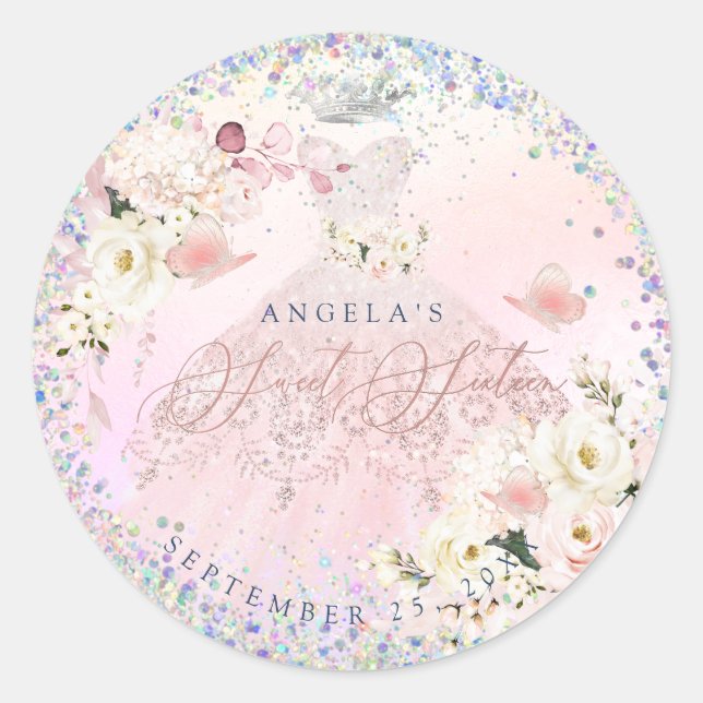 Sticker Rond Holographique Sweet sixteen Confetti Blush rose Go (Devant)