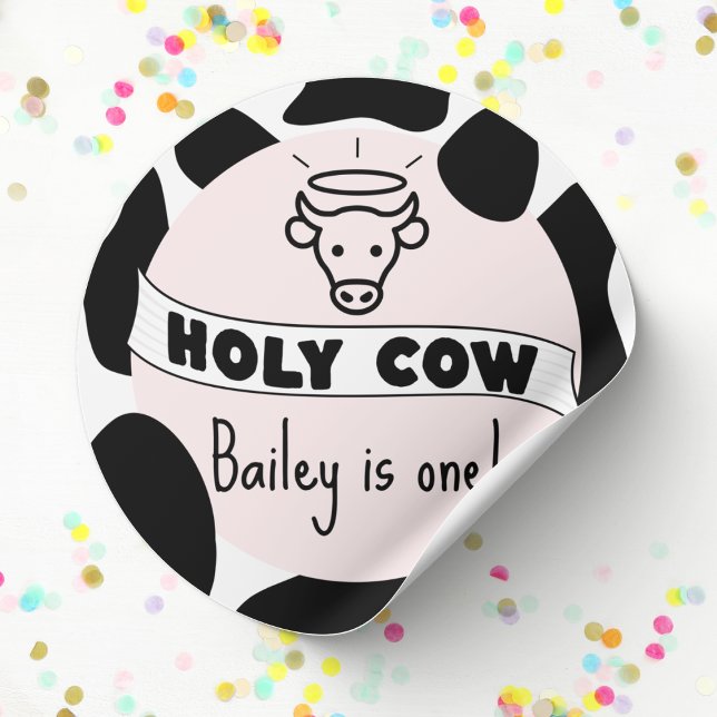 Sticker Rond Holy Cow Kid Anniversaire Fête Vache Imprimer mign (Holy Cow birthday sticker custom name and age cow print pink cute modern bday favor stickers)
