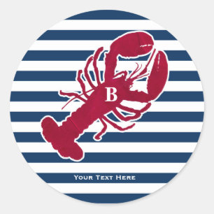 Sticker Rond Homard rouge nautique Monogramme Bleu Bleu Blancs