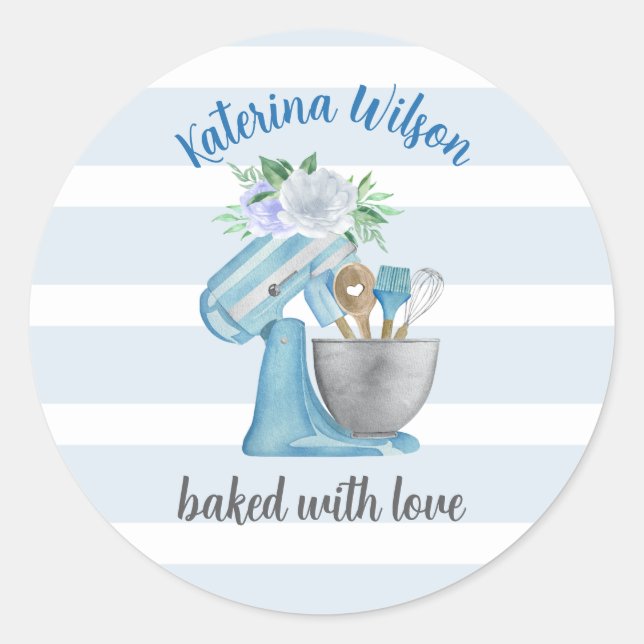 Sticker Rond Home Bakery Blue Flower Mixer baked with love  (Devant)