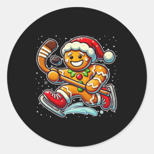 Sticker Rond Homme en pain d'épices hockey sur glace Noël drôle