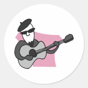 Sticker Rond Homme portant un béret jouant de la guitare acoust