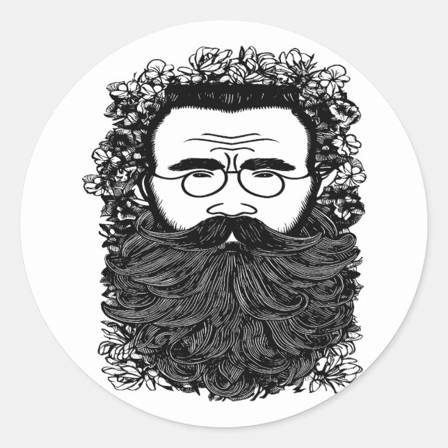 Sticker Rond Homme Whimsical Beard Mustache Fleurs Art (Devant)