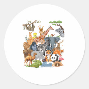 Sticker Rond Hommes Femmes et Enfants Faune Zoo Day Party Cute