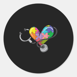 Sticker Rond Hommes femmes stéthoscope autisme cœur puzzle colo