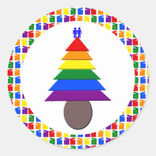 Sticker Rond Hommes gays Rainbow Christmas Tree and Presents