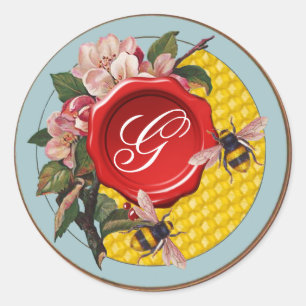 STICKER ROND HONEY ABEILLES AVEC DES ROSES SAUVAGES MONOGRAMME 