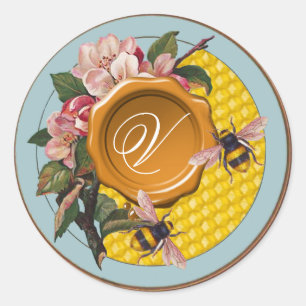 STICKER ROND HONEY ABEILLES ET ROSES SAUVAGES MONOGRAMME DE SCE