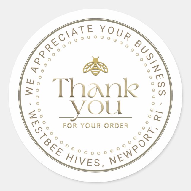 STICKER ROND HONEY BEE LOGO D'OR 3D EN AVRIER MERCI D'AFFAIRES (Devant)