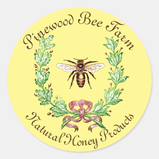 STICKER ROND HONEY BEE, WREATH AVEC DES FEUILLES DE CHÊNE (Devant)