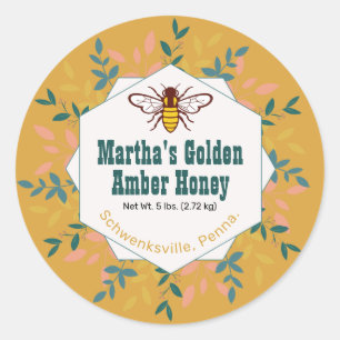 Sticker Rond Honey Bee Wreath Light Amber Gold Honey Jar