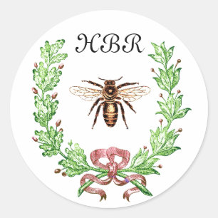 STICKER ROND HONEY BEE, WREATING AVEC DES FEUILLES DE CHÊNE ET 