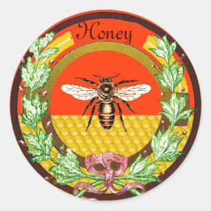 STICKER ROND HONEY BEE, WREATING AVEC DES FEUILLES DE CHÊNE ET 