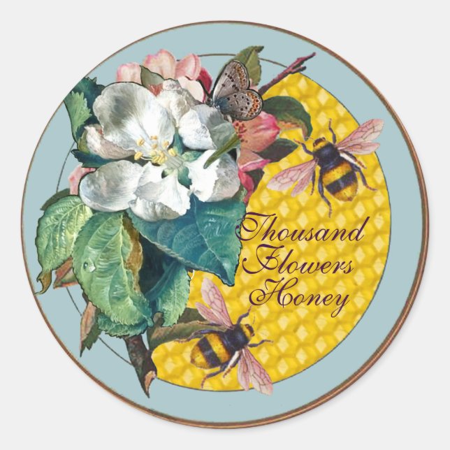 STICKER ROND HONEY BEES, BETTERFLY, FLEURS BLANCHES ET ROSES SA (Devant)