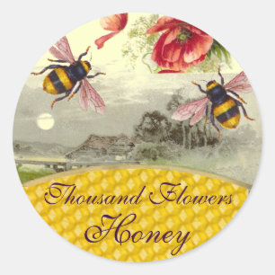 STICKER ROND HONEY BEEY BEEES, ROUGES POPIES RUSTIQUE PAYSAGE B