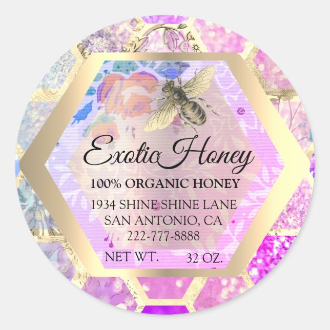 Sticker Rond Honey Jar Honeybee Honeycomb Apiary Parties scinti (Devant)