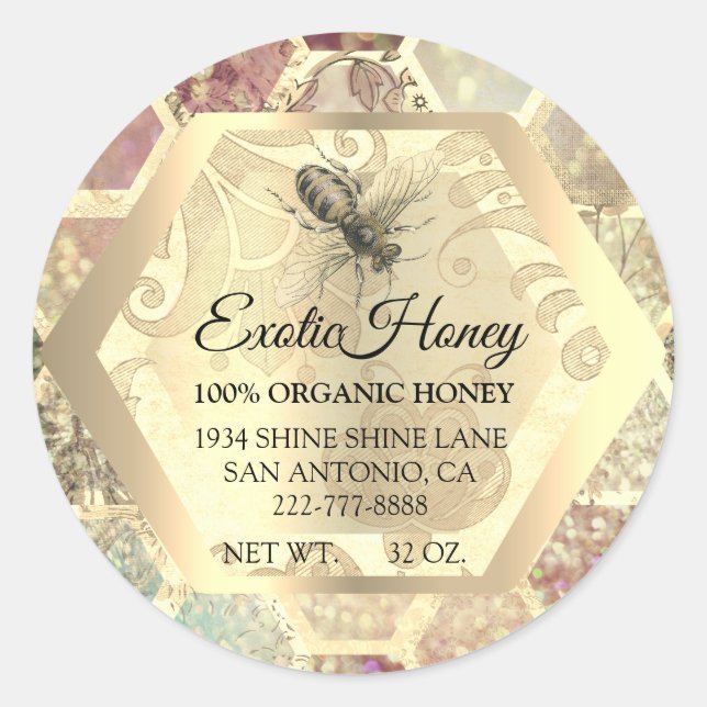 Sticker Rond Honey Jar Honeybee Honeypeb Apiary Gold Bee (Devant)