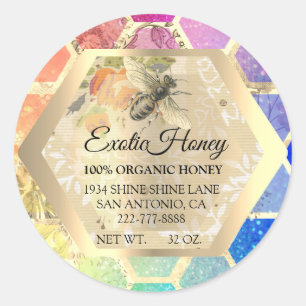 Sticker Rond Honey Jar Honeybee Honeypeb Apiary Gold Rainbow