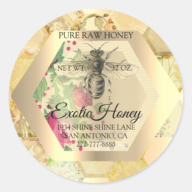 Sticker Rond Honey Jar Honeybee Honeypeb Bee Apiary Gold (Devant)