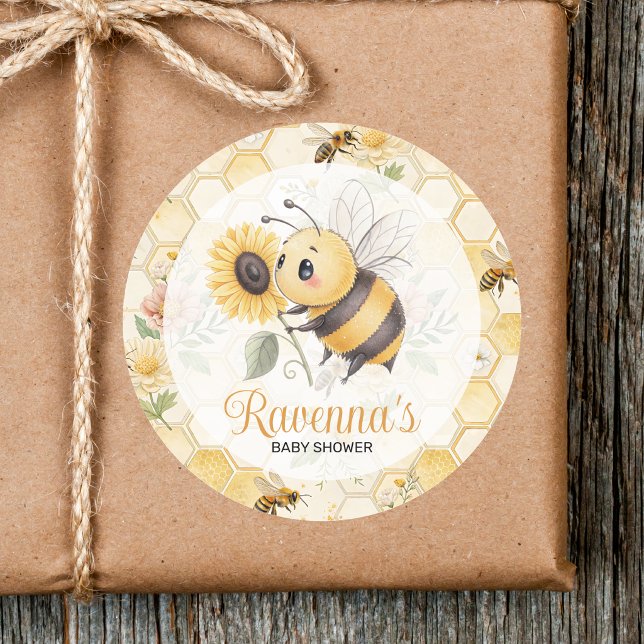 Sticker Rond Honeycomb Floral Bee Custom Name Baby Shower (Créateur téléchargé)