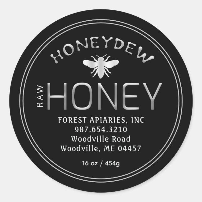 Sticker Rond HONEYDEW FOREST HONEY Argent sur noir avec abeille (Devant)