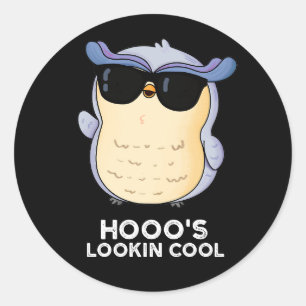 Sticker Rond Hooo's Lookin Cool Funny Owl Pun Dark BG