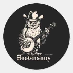 Sticker Rond Hootenanny Owl Jouer Banjo Guitare Cowboy Casquett