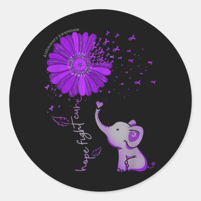 Sticker Rond Hope Fight Cute Elephant Alzheimer's Purple Ribbon (Devant)